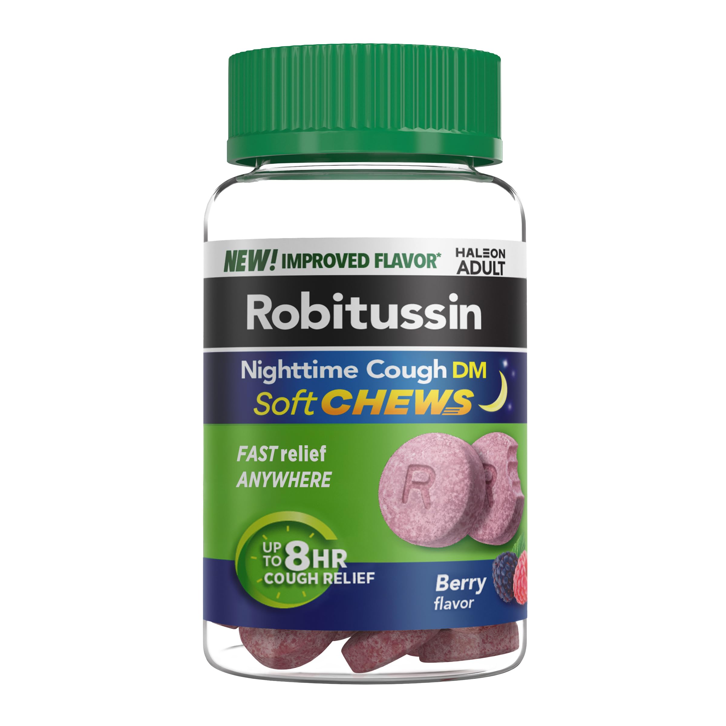 Robitussin Soft Chews Nuit DM dans sa boîte, pour un soulagement nocturne possible.