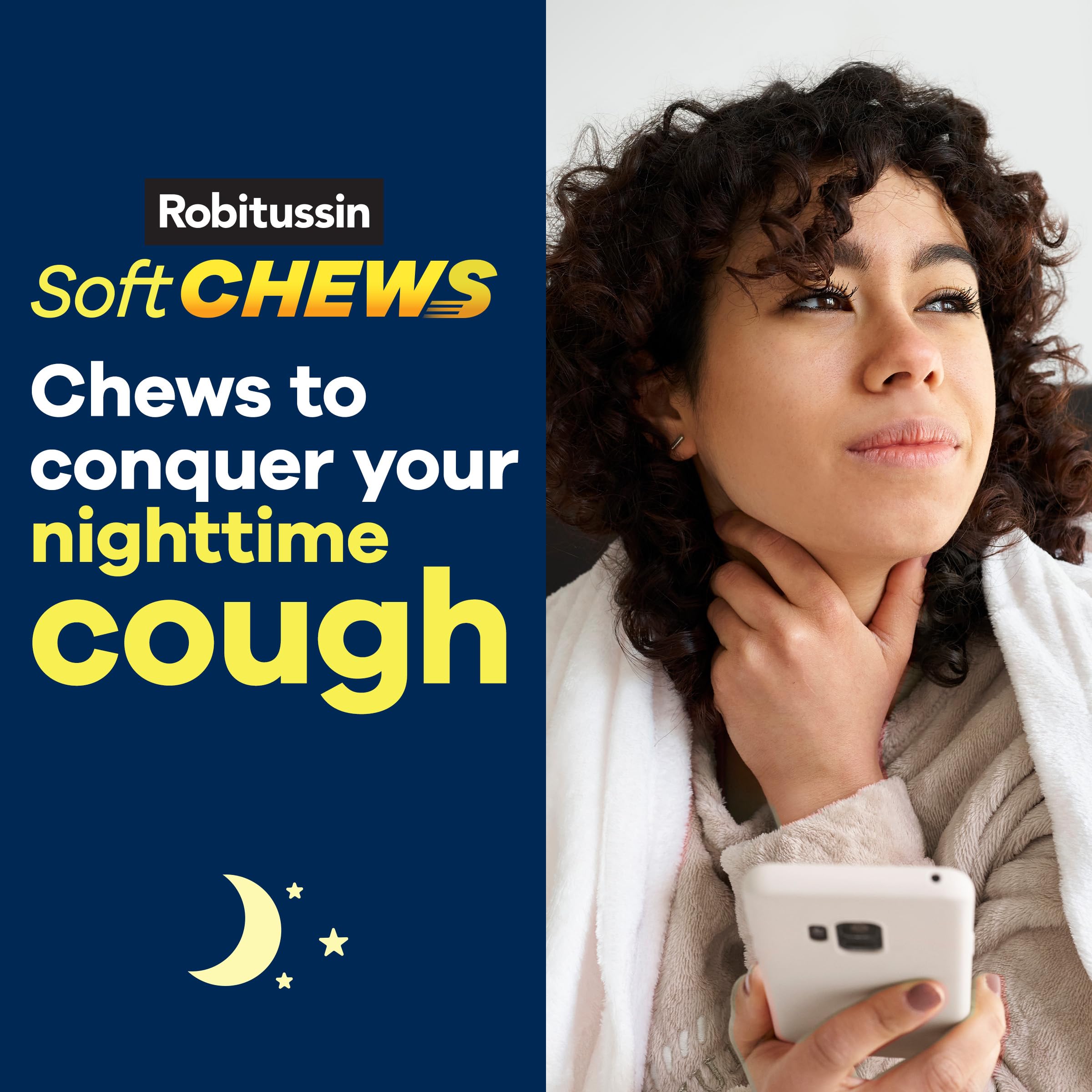 Sans eau nécessaire, Robitussin Soft Chews facilite le soulagement nocturne.