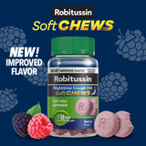 Robitussin Soft Chews Nuit DM tablettes masticables visibles, faciles à consommer sans eau.