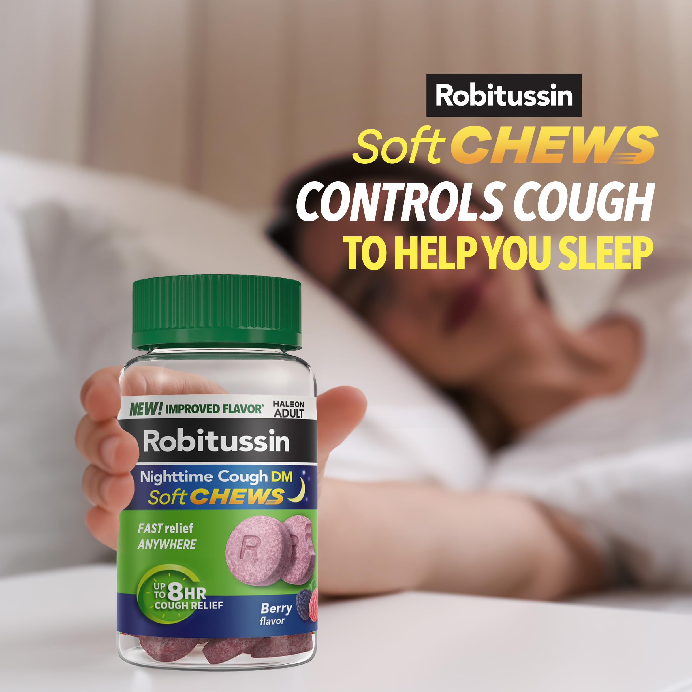 Tablettes aérées Robitussin Soft Chews Nuit DM, texture légère pour geste rapide.