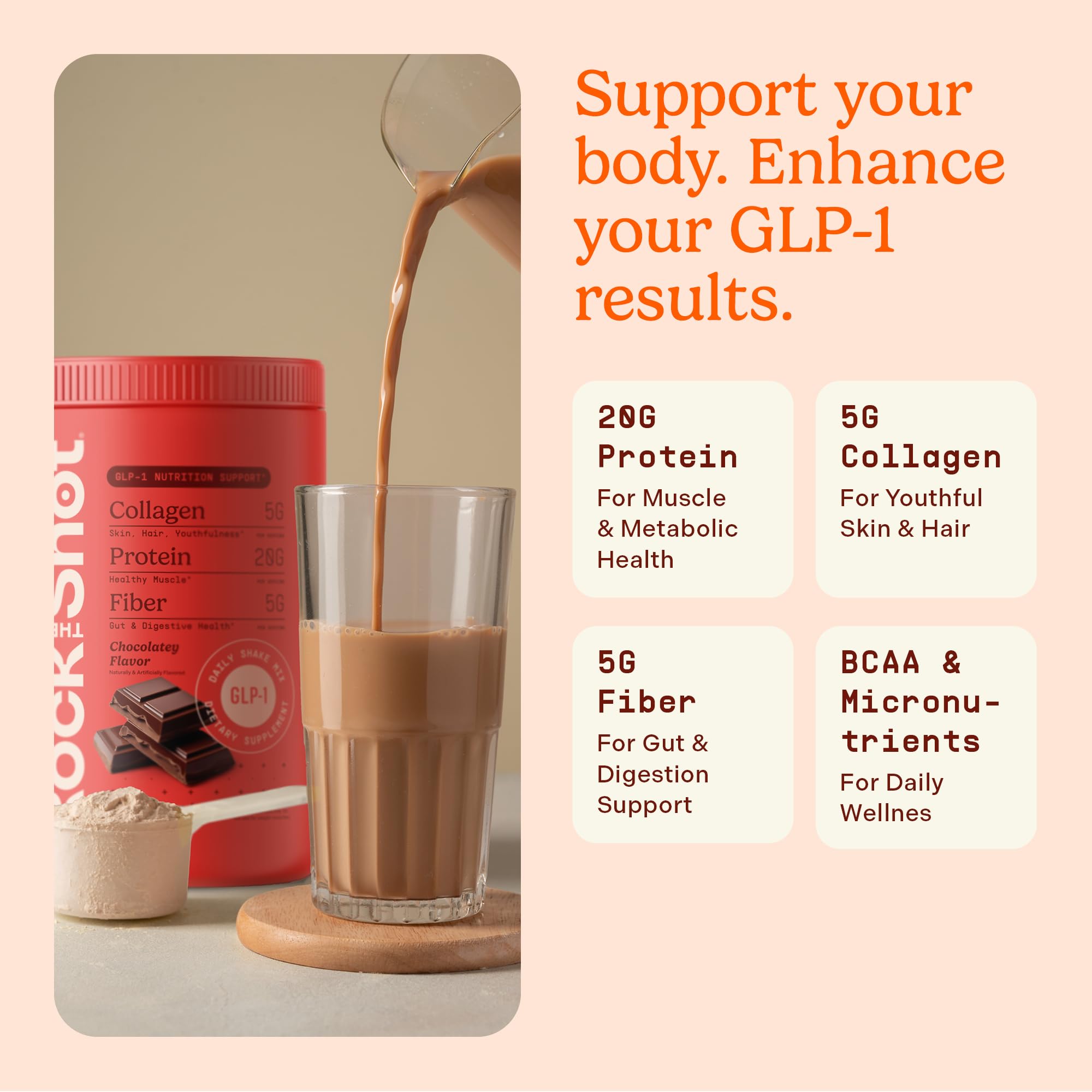 ROCK THE SHOT GLP-1 Shake: composition riche en protéines et BCAA pour le maintien.