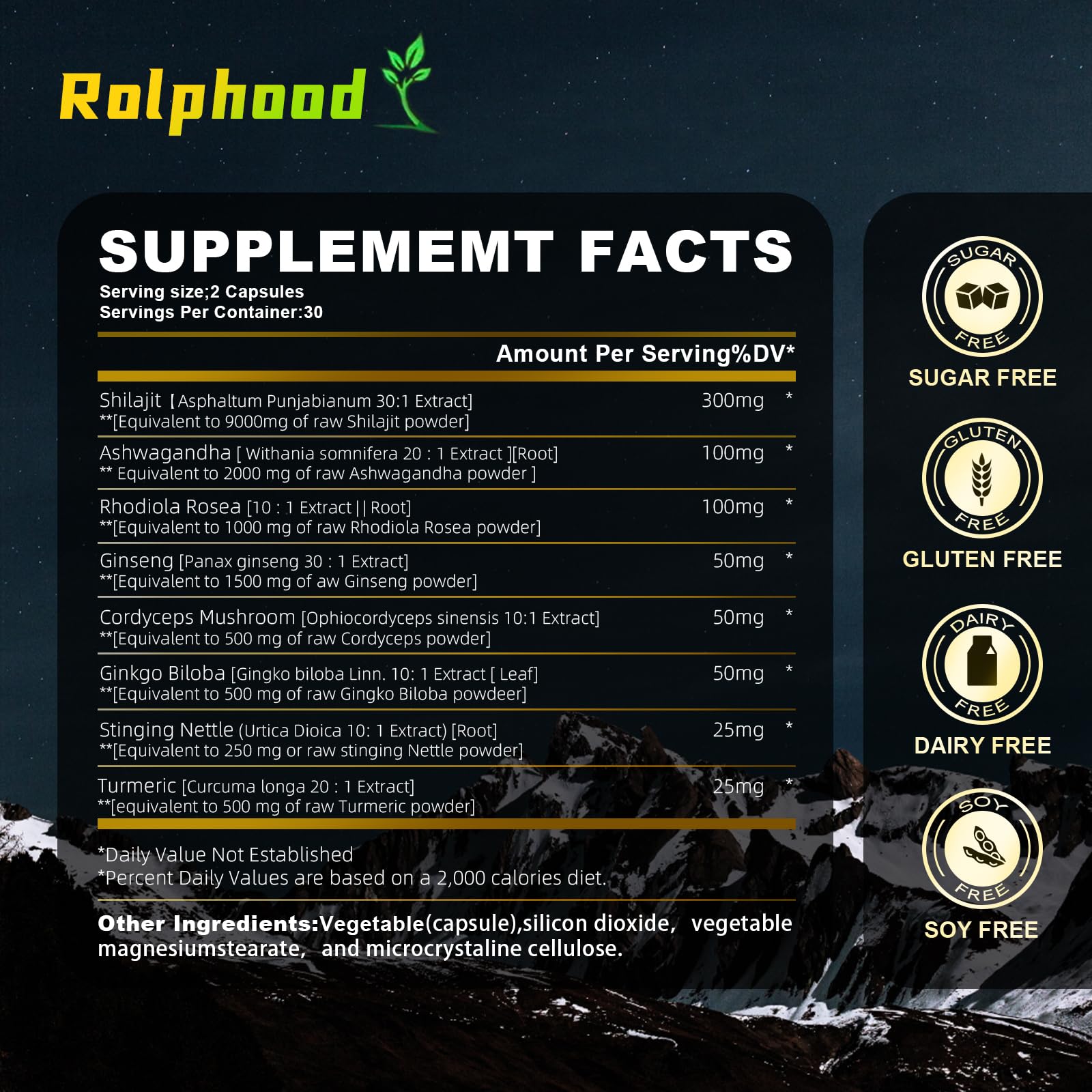 Rolphood Shilajit Ashwagandha en gelules, soutien adaptogene pratique.