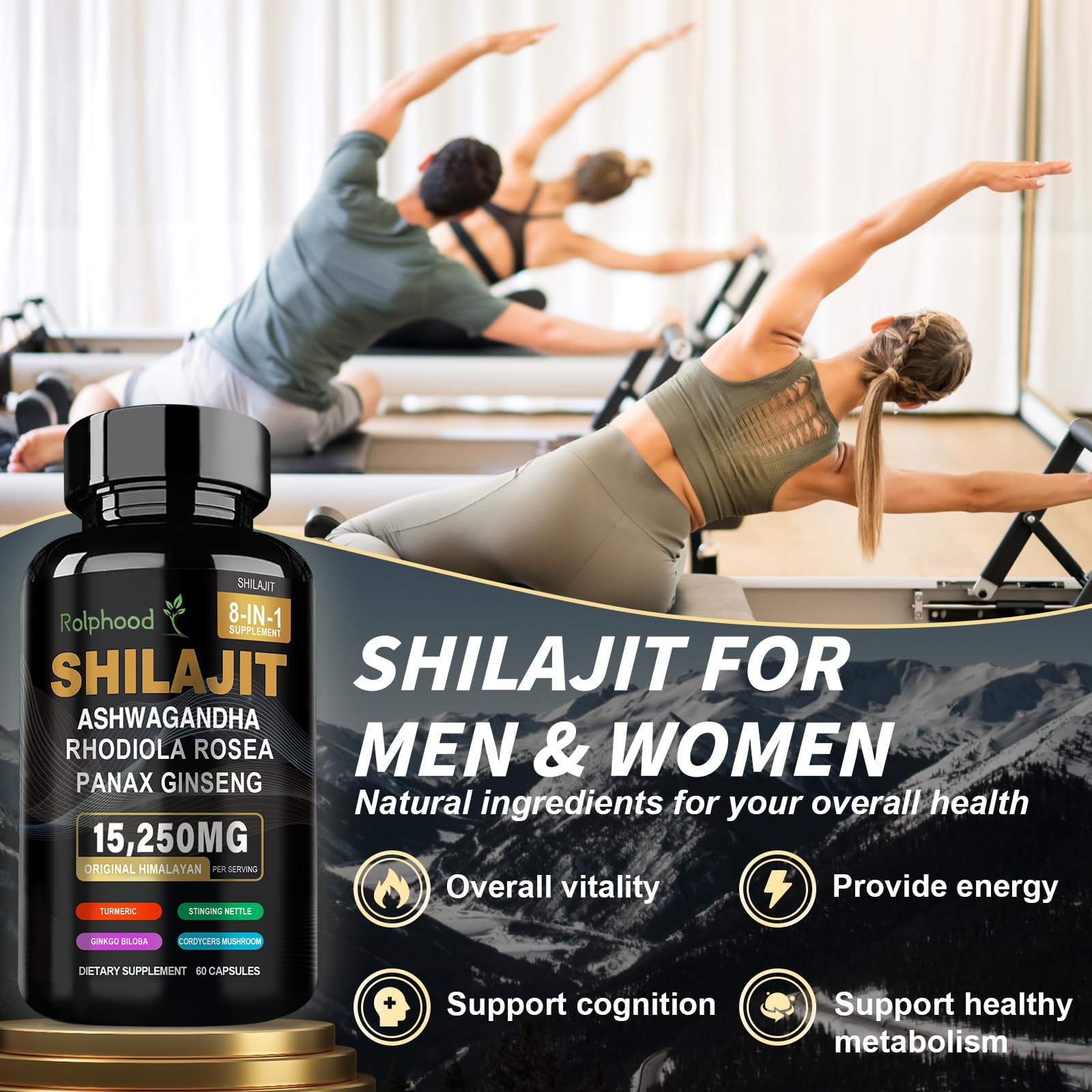 Rolphood Shilajit en bouteille 60 gelules, format pratique.
