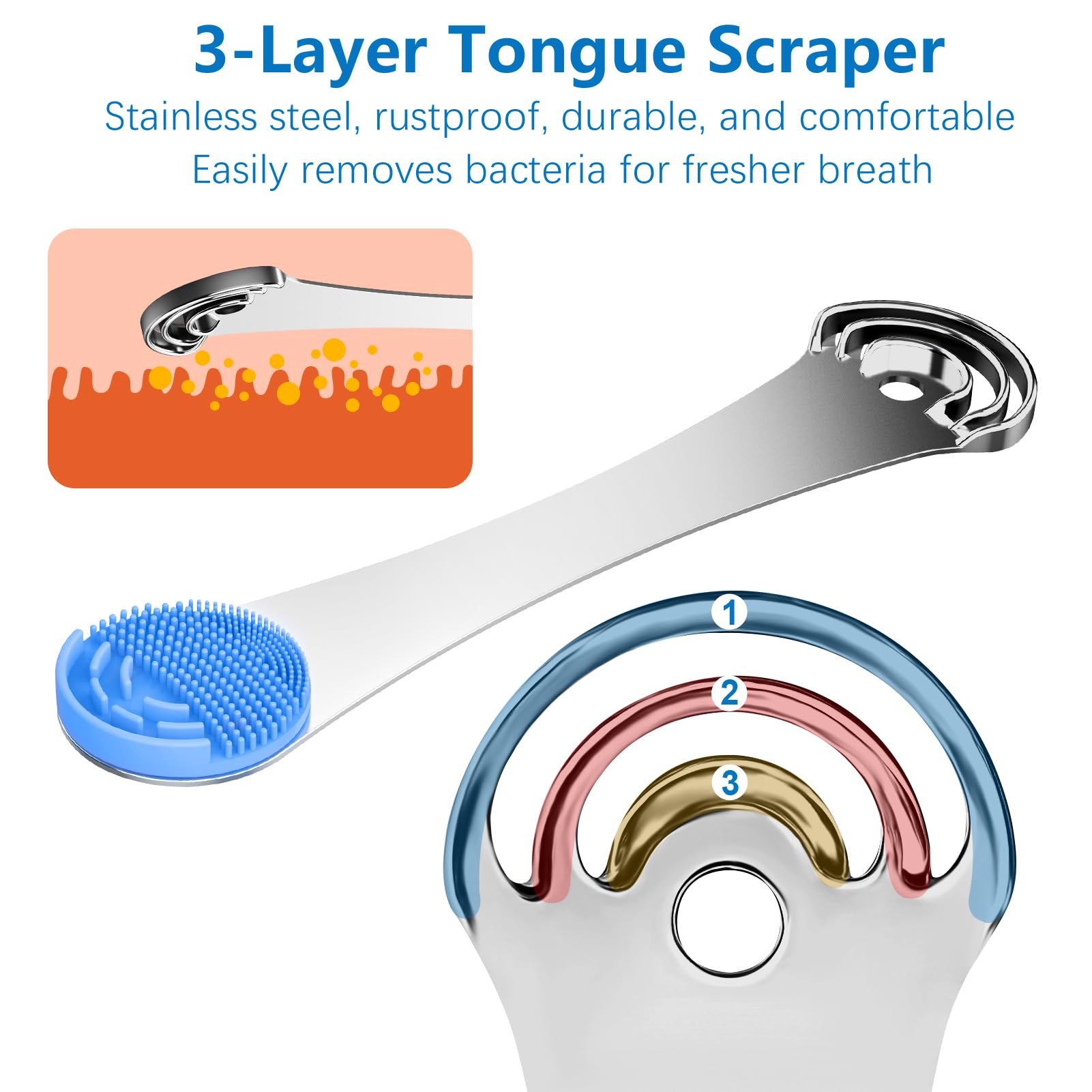 ROMALOVE gratte-langue 3 couches en acier inoxydable, durable et efficace