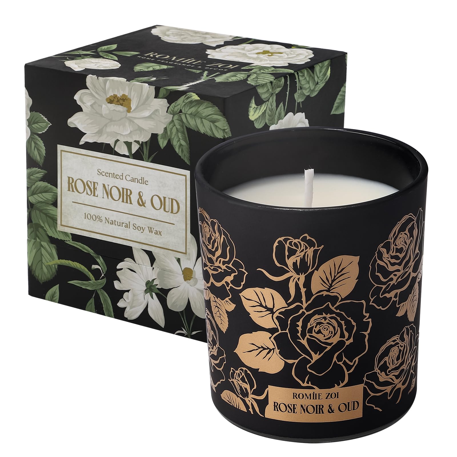 ROMIIE ZOI Bougie Rose Noir Oud dans son verre, ambiance élégante et parfum durable.