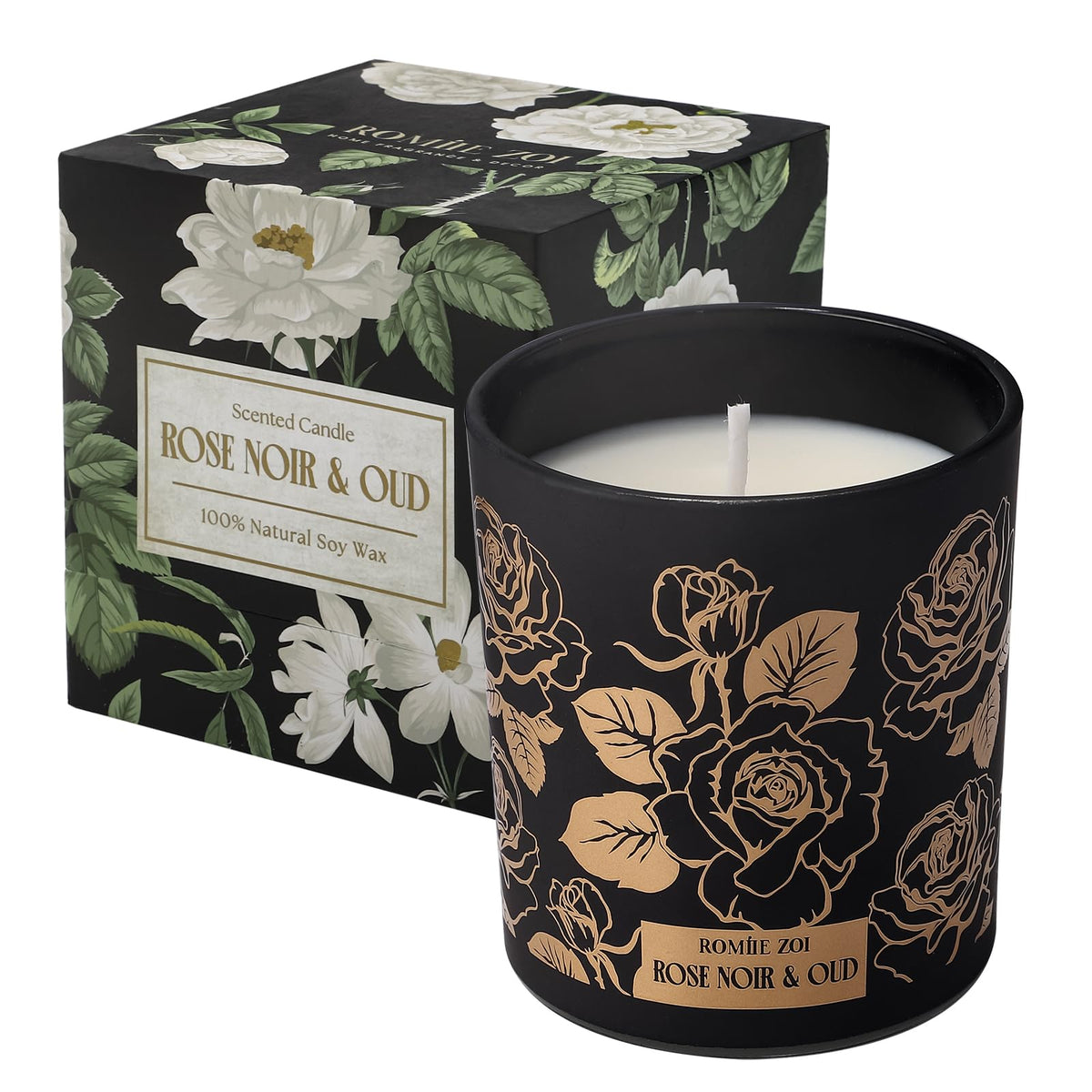 ROMIIE ZOI Bougie Rose Noir Oud dans son verre, ambiance élégante et parfum durable.