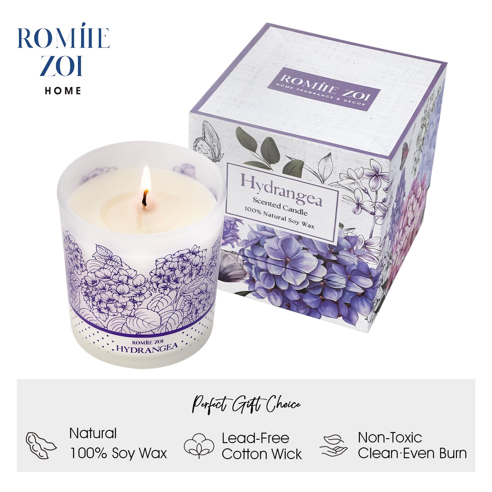 Cire de soja naturelle ROMIIE ZOI Hydrangea, combustion propre et sûre