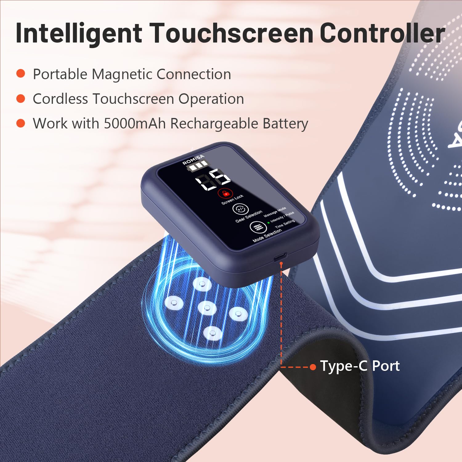ROMISA écran tactile intuitif pour choisir les modes lumineux et pulsations.