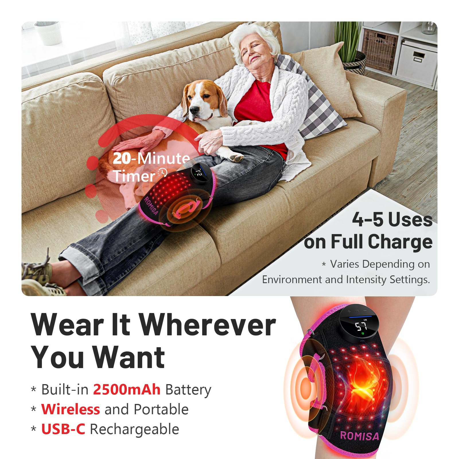 ROMISA Genou Brace trois niveaux de vibration pour un confort personnalisé.