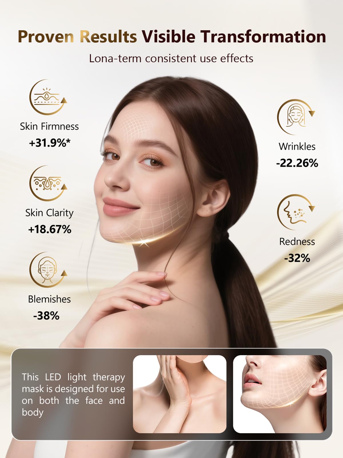 ROMISA masque lumière rouge et infrarouge 850 nm pour le visage, couverture homogène.