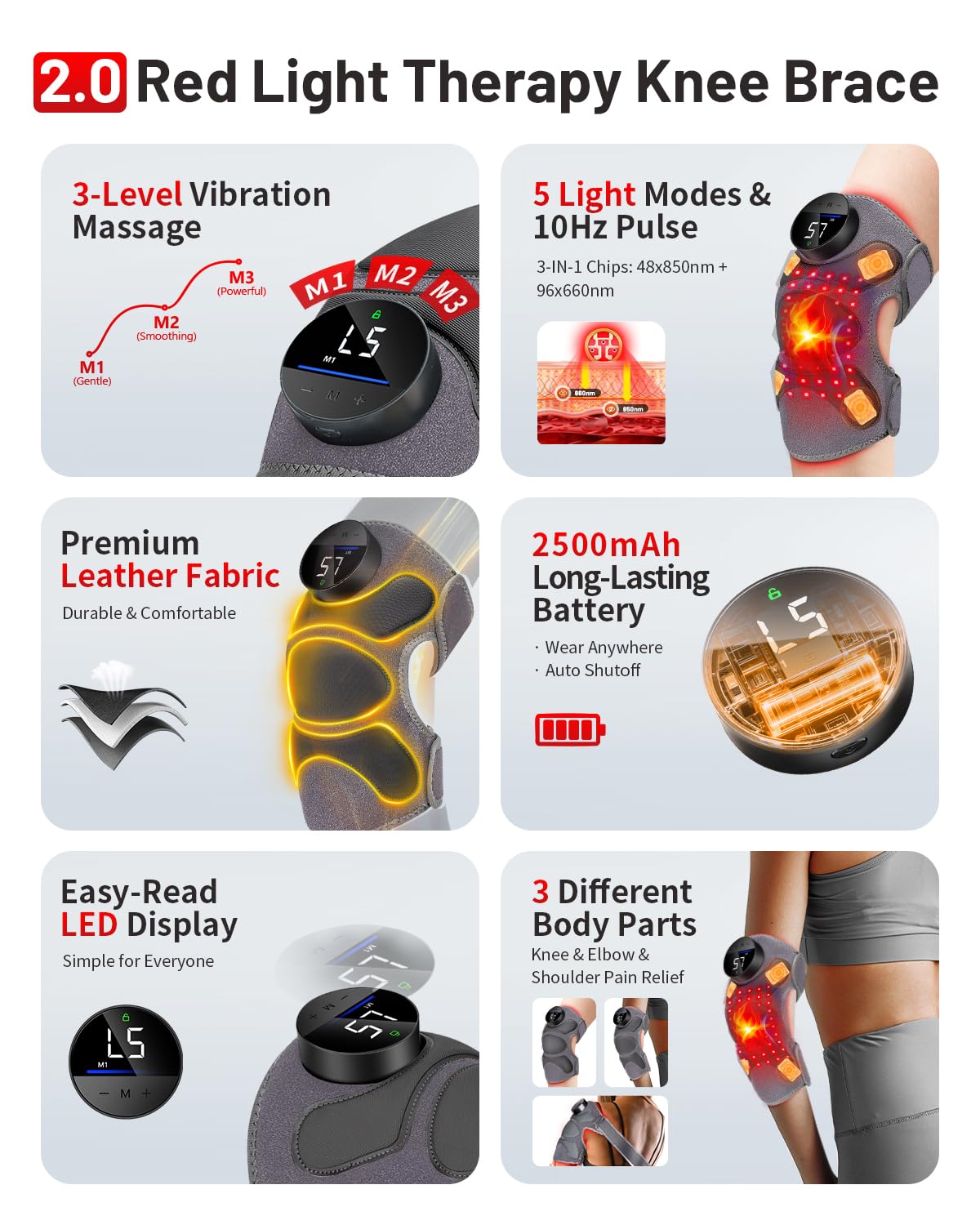 ROMISA Upgraded Pro Massage quatre zones autour du genou pour une détente ciblée.