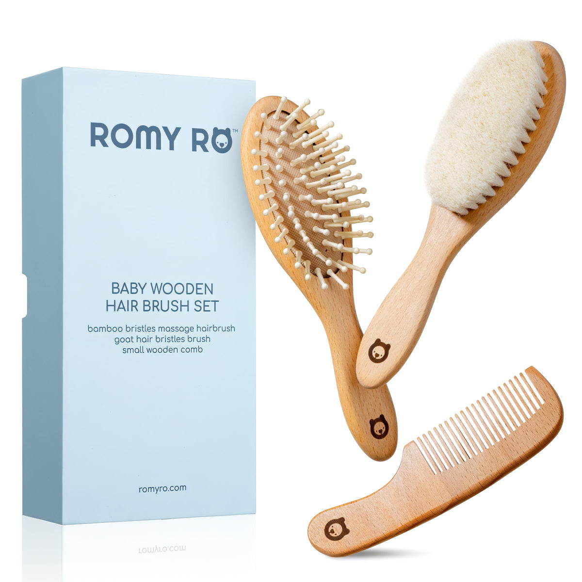 ROMY RO brosse pour cheveux bébé en bois avec massage doux du cuir chevelu