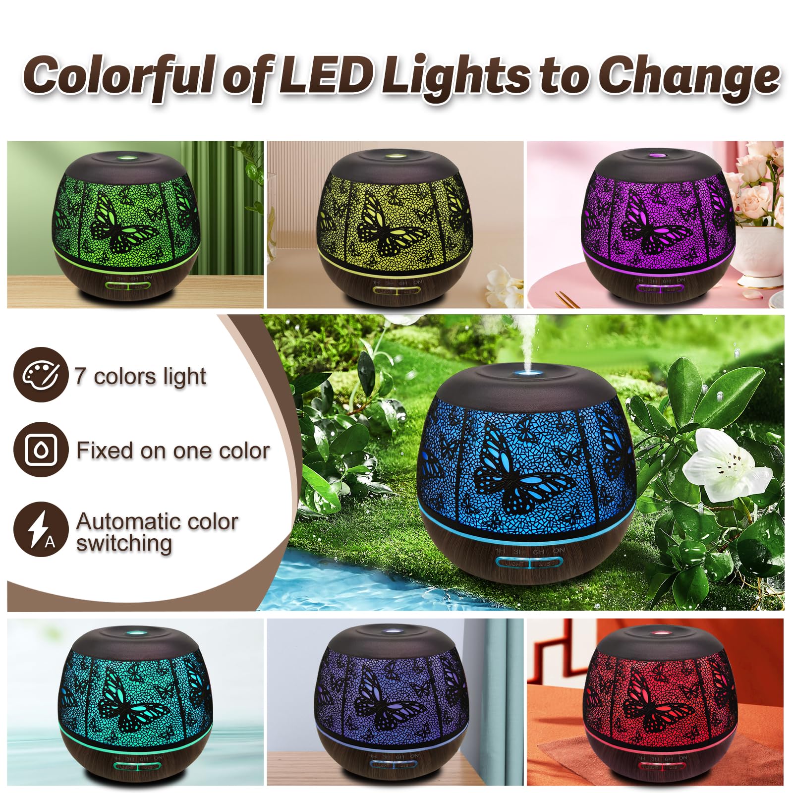 Diffuseur Roonbo avec 7 couleurs, ambiance lumineuse apaisante.