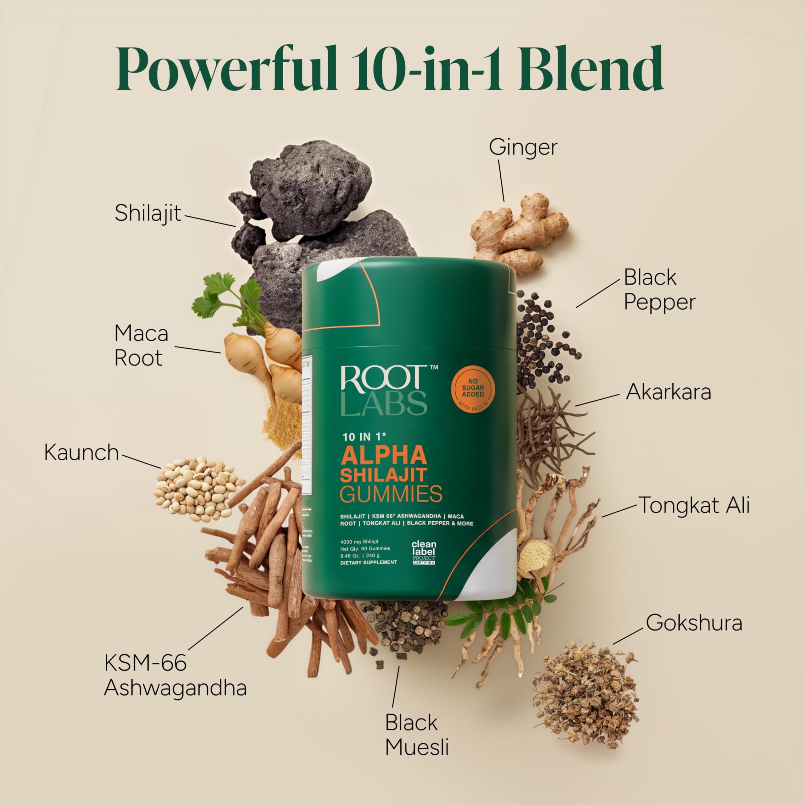 Étiquette ROOT LABS Shilajit montrant ingrédients et sécurité.