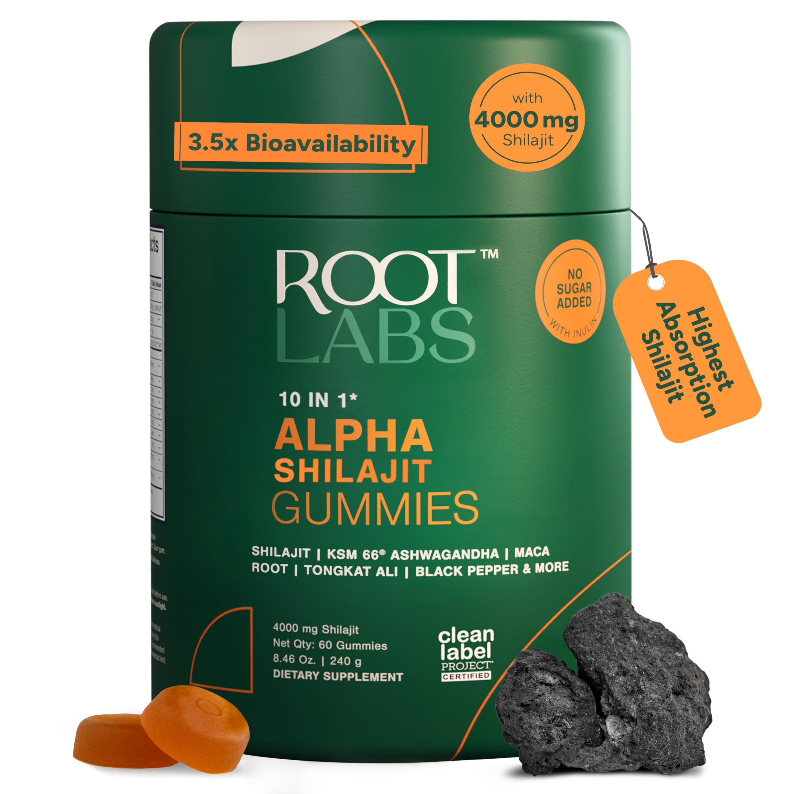 Gommes ROOT LABS Shilajit en bouteille pour routine bien-être pratique.