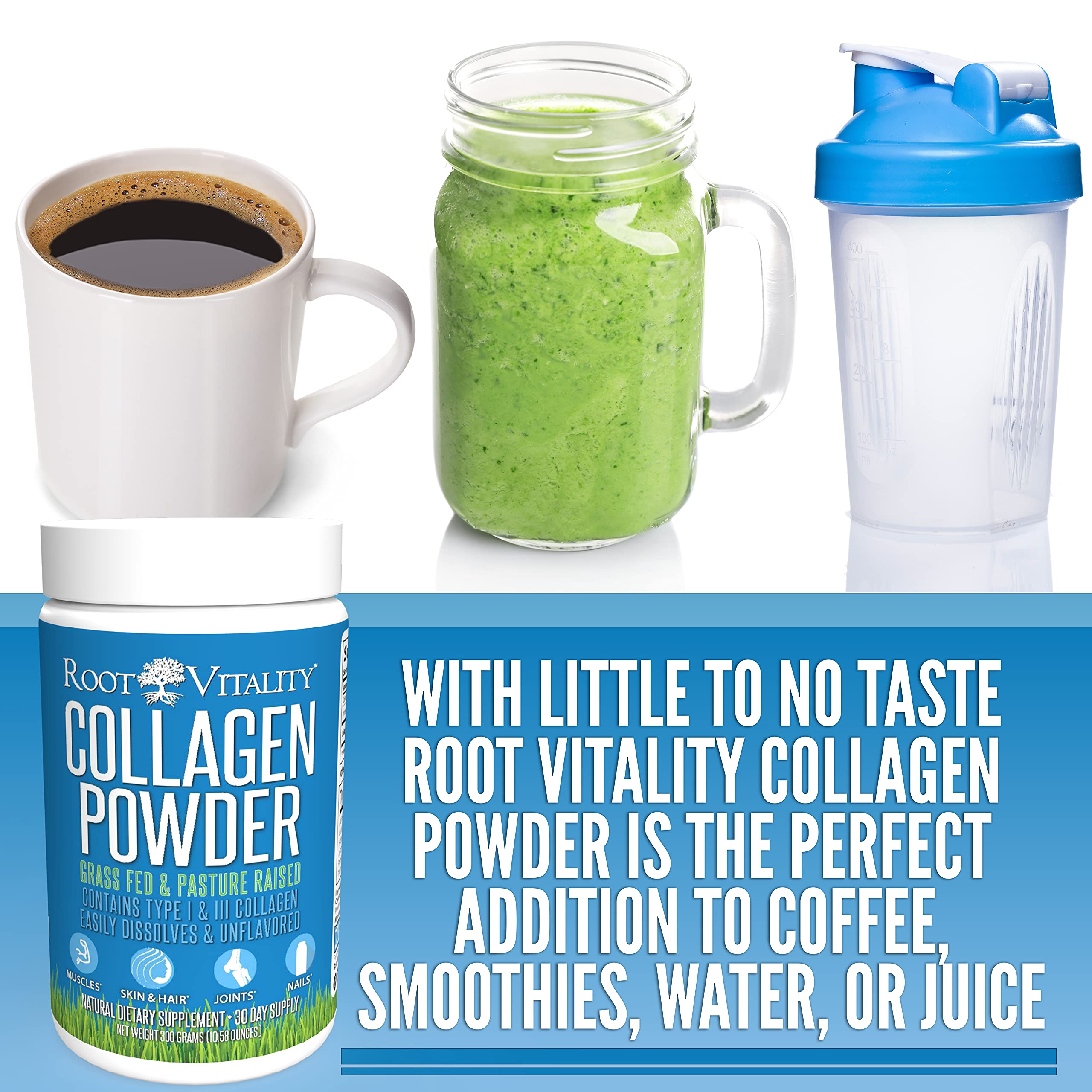 Root Vitality Poudre de Collagène, dans smoothie: soutien discret à la routine matin.