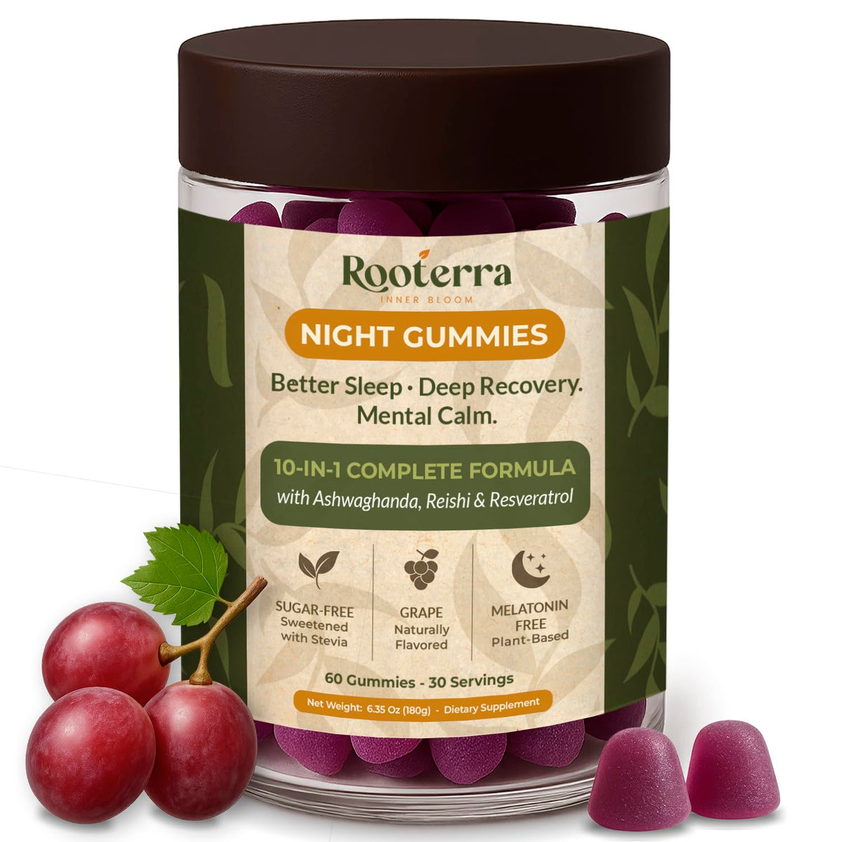 Rooterra Inner Bloom Night Gummies – bouteille montrant le profil nocturne relaxant.