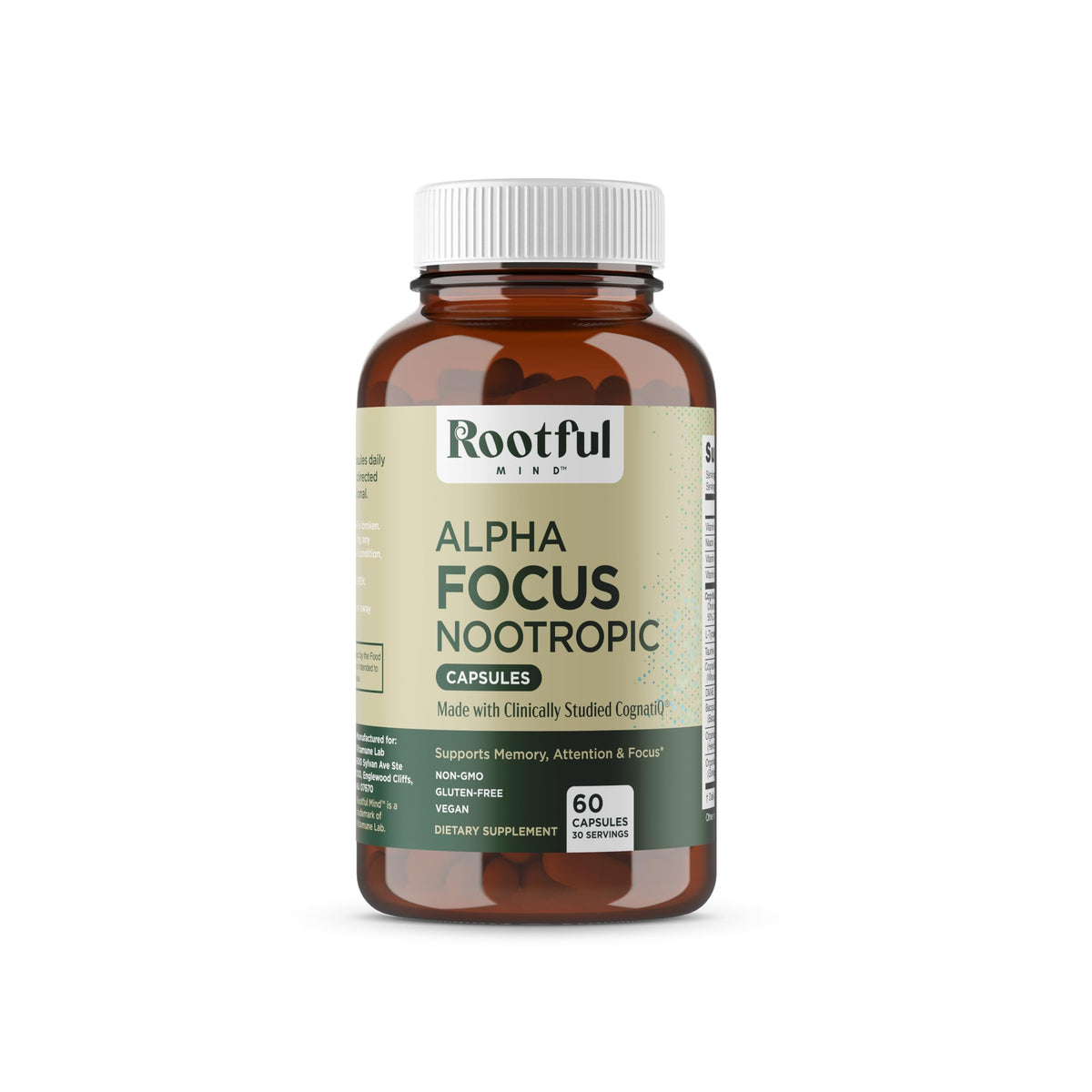 Rootful Mind Alpha Focus: bouteille de capsules pour concentration soutenue.