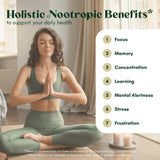 Rootful Mind Alpha Focus: etiquette et emballage soulignant ingrédients naturels.