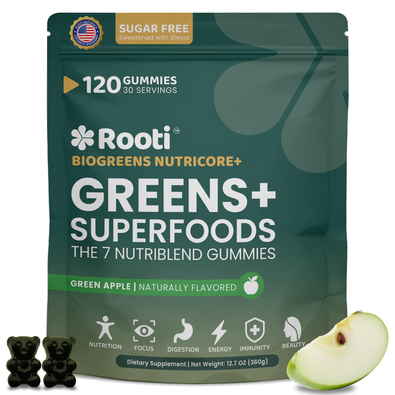 Gommes ROOTI Super Greens dans la boîte, pratique pour votre routine.