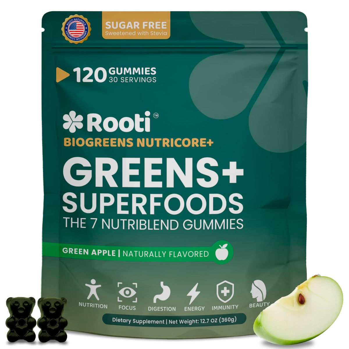 Gommes ROOTI Super Greens dans la boîte, pratique pour votre routine.