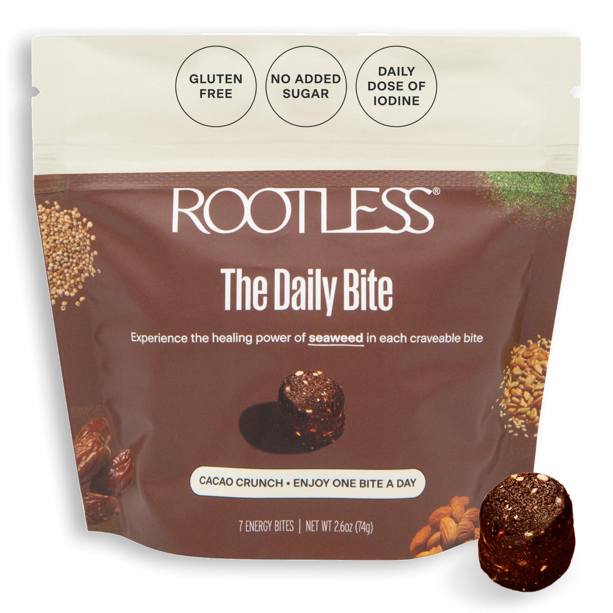 Rootless bouchées quotidiennes cacao crunch algues pack, ritual énergétique