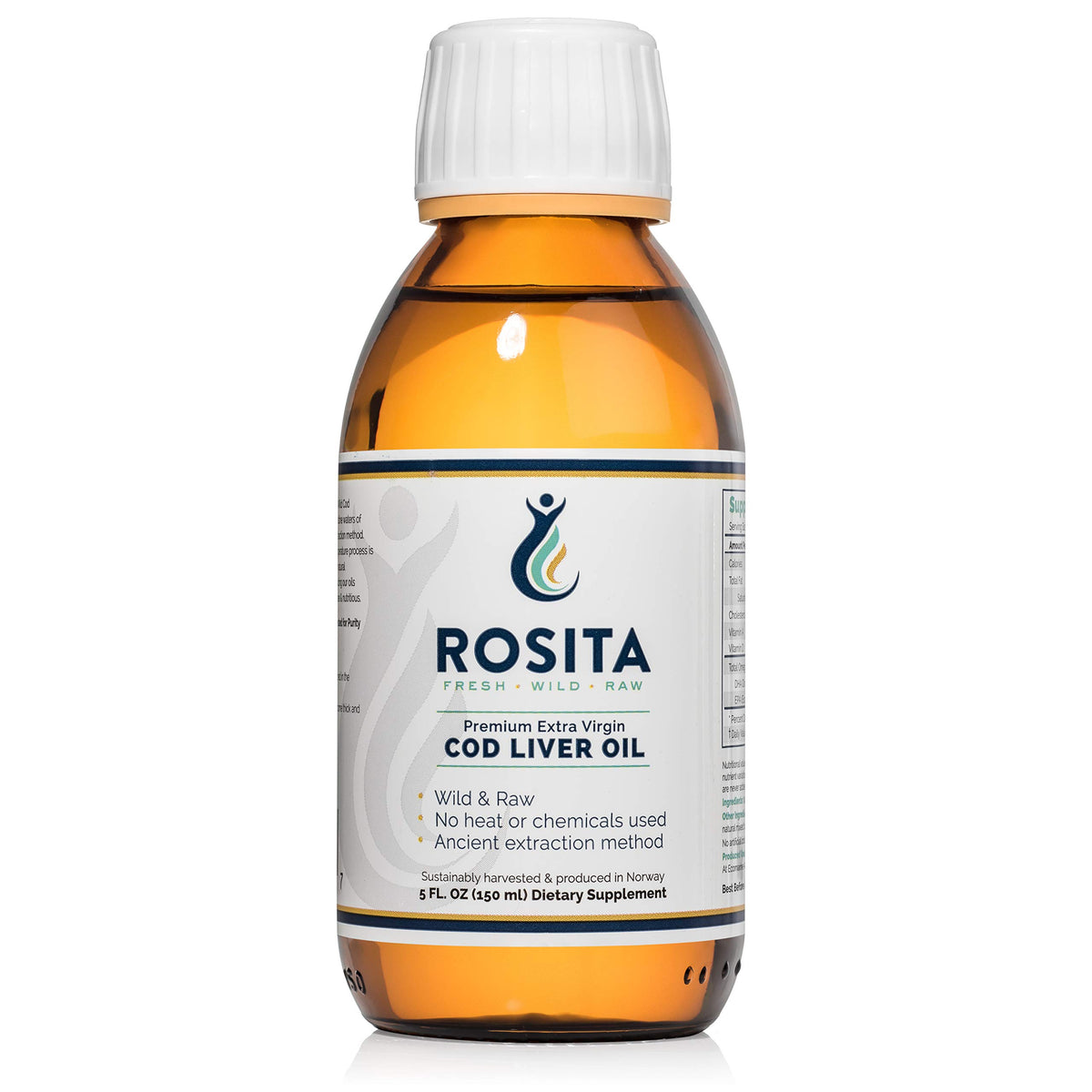 Rosita huile de foie de morue liquide en bouteille, riche en oméga et vitamines.