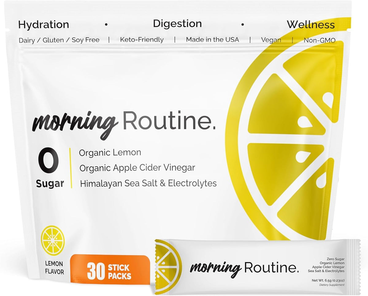 ROUTINE Hydratation Matinale: sachets-poudre électrolytes avec vinaigre de cidre, pratique au réveil.