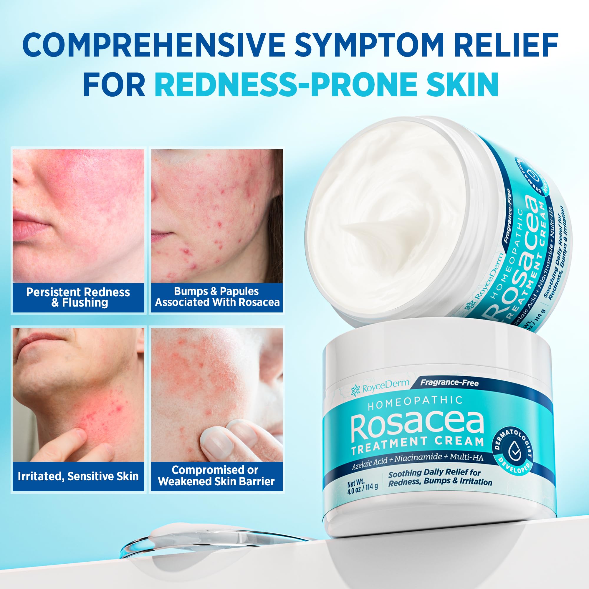 Roycederm Rosacée – ingrédients: niacinamide et centella pour une peau équilibrée.