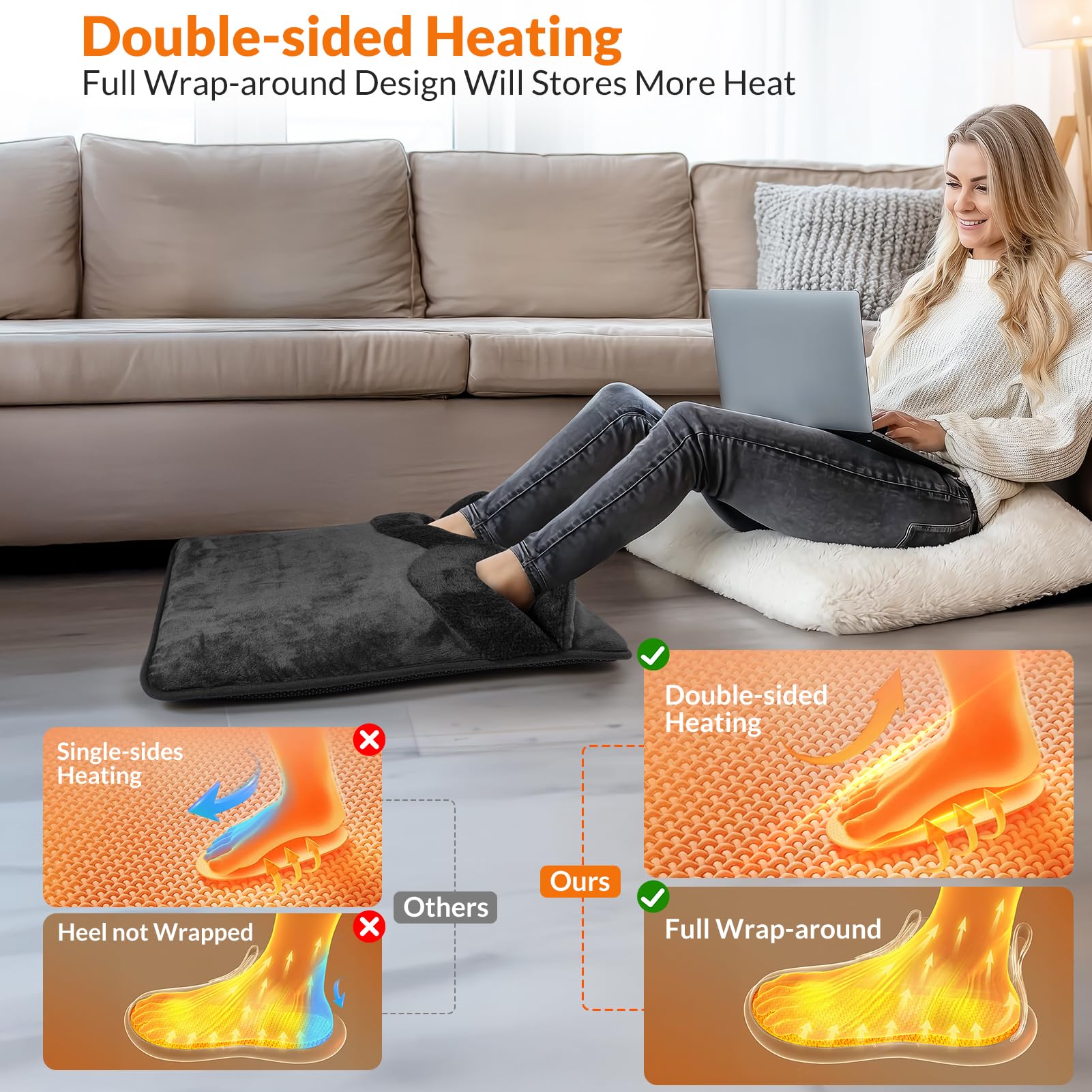 ROZEEYUU chauffe-pieds avec 9 niveaux et minuterie 8h, ajustement flexible.