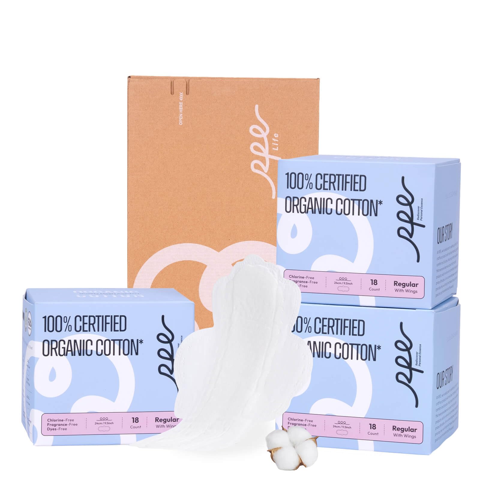 RPE Life protections coton biologique 54 unités sur peau sensible.