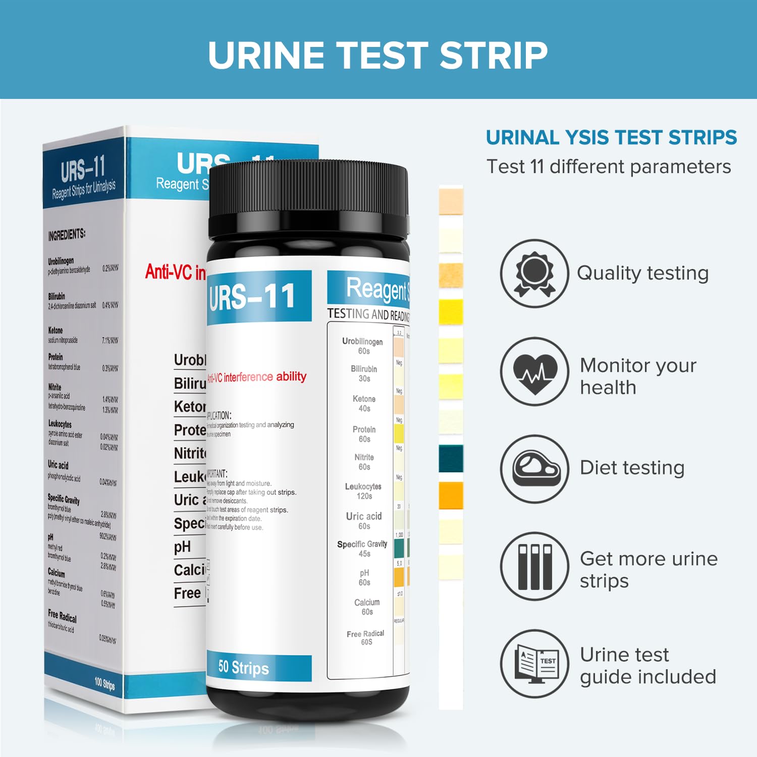 RPOMU bandelettes ph nitrite leucocytes, indicateurs clairs pour auto-diagnostic potentiel.