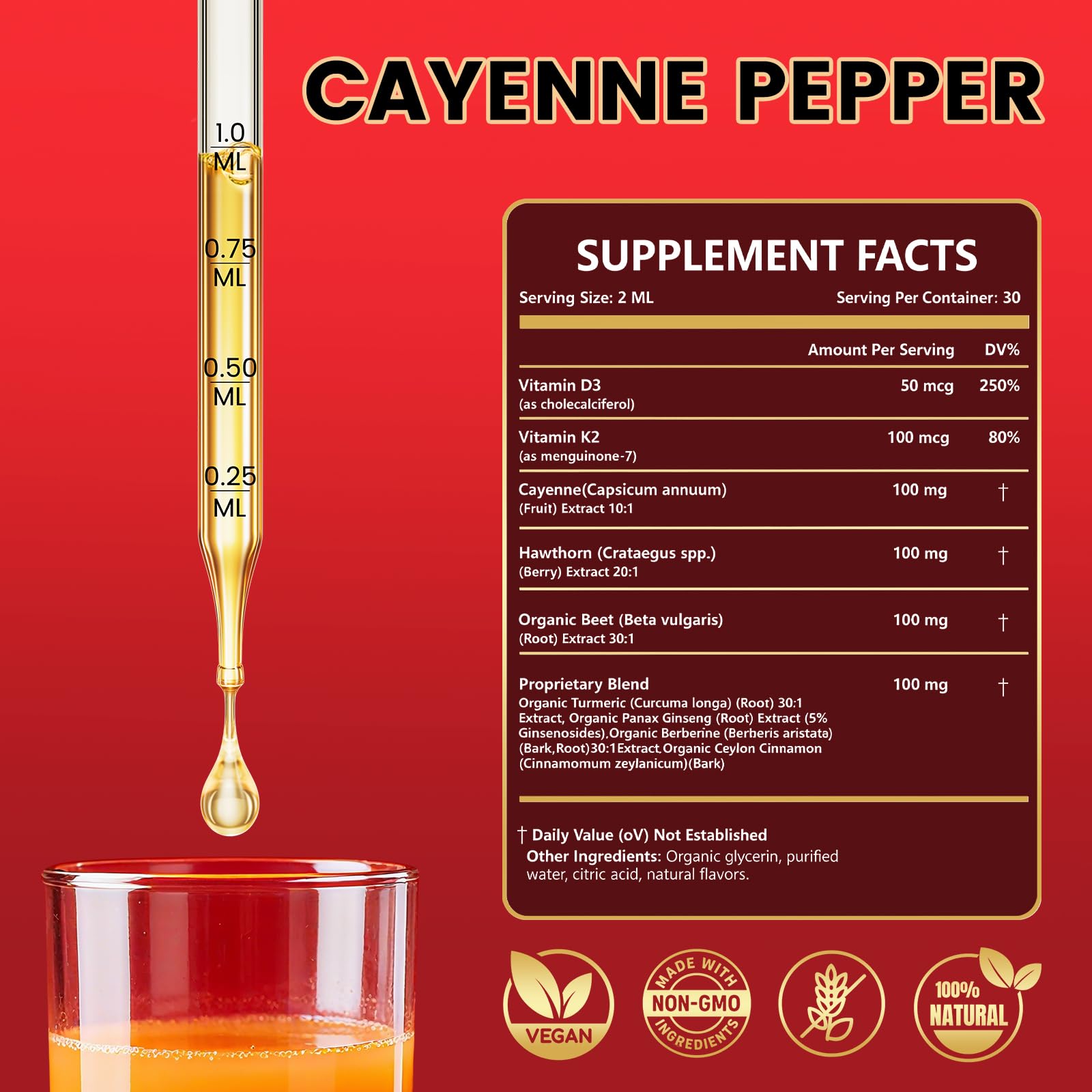 Gouttes Cayenne Rshoiw : aubépine et cannelle visibles, formule pour soutien nutritionnel.