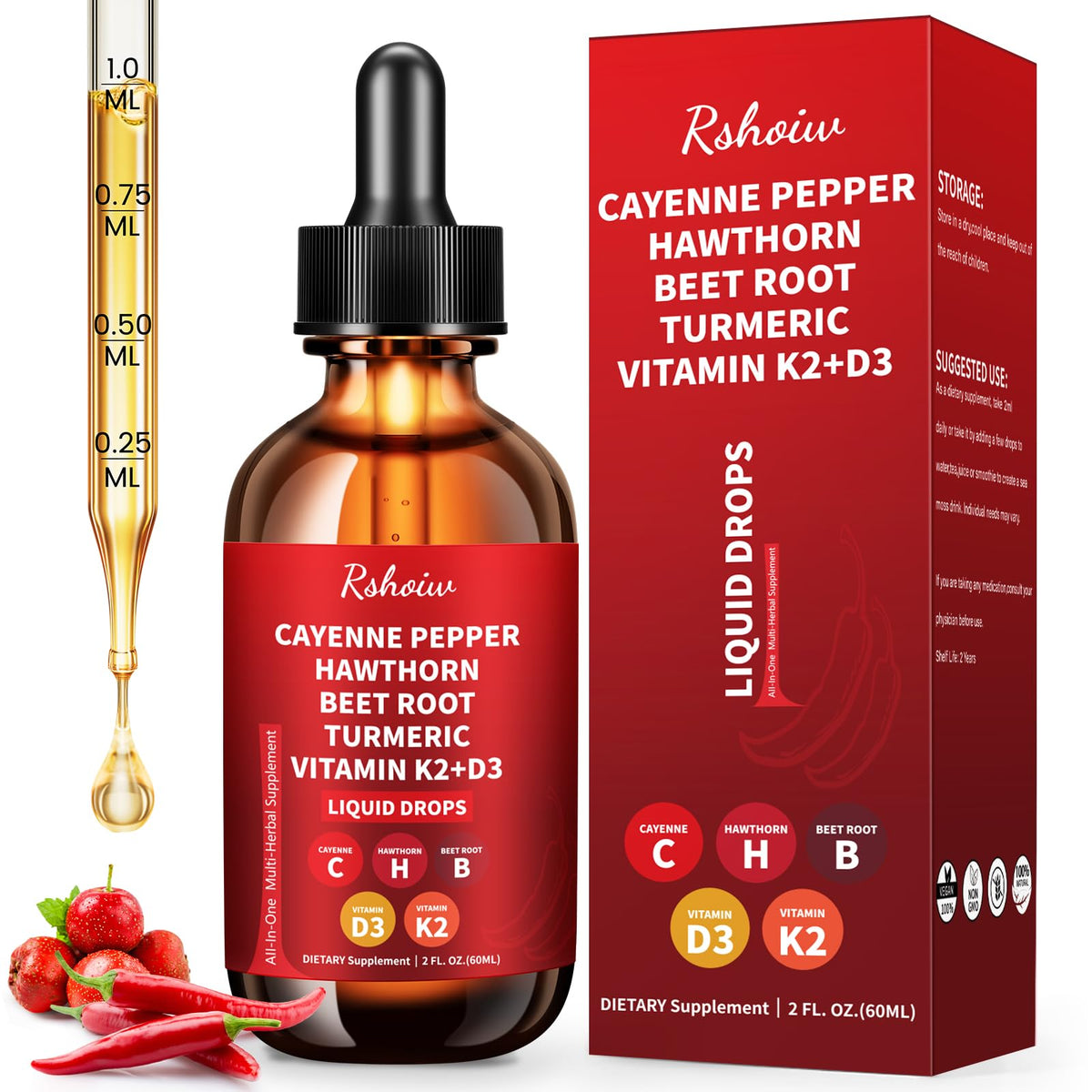 Gouttes Cayenne Rshoiw : flacon étiqueté, apport nutritionnel naturel au quotidien.