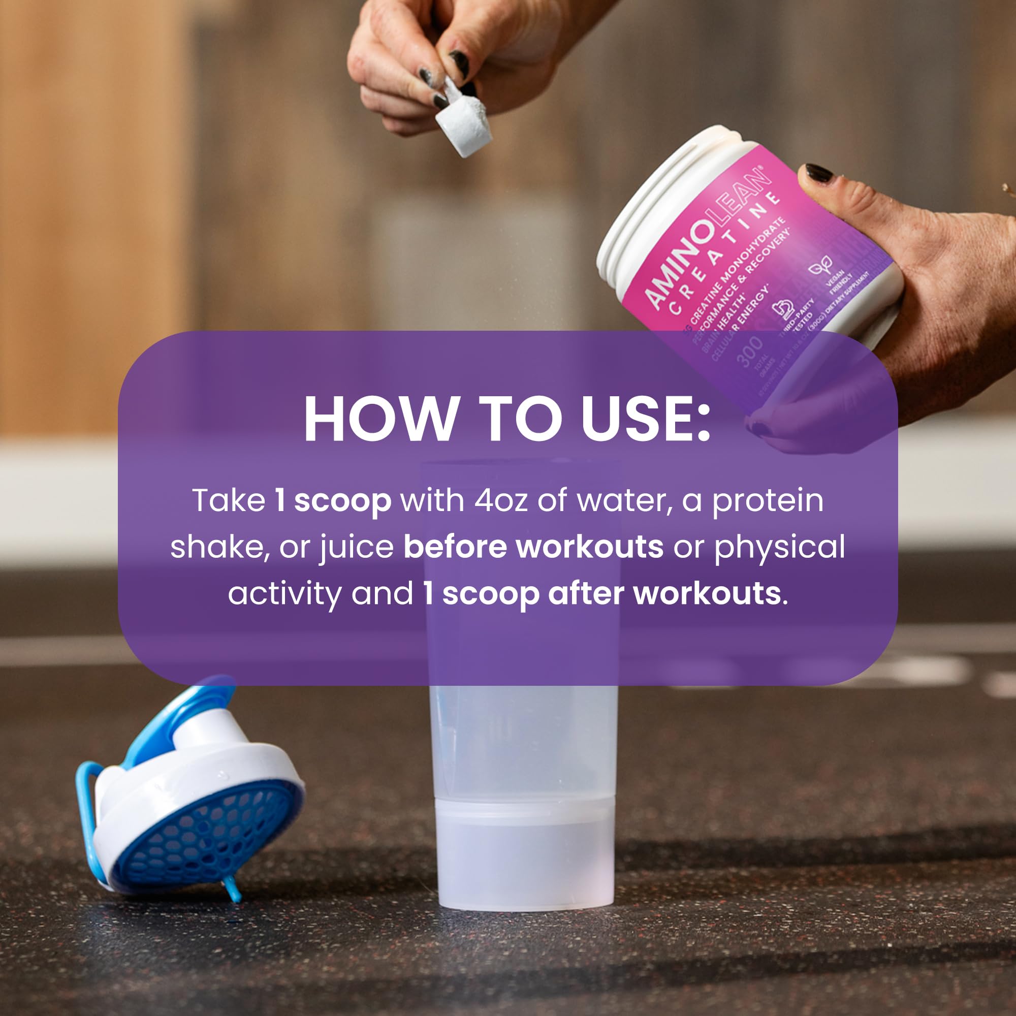 Verre de préparation AminoLean Creatine, boisson prête après mélange et énergie potentielle.