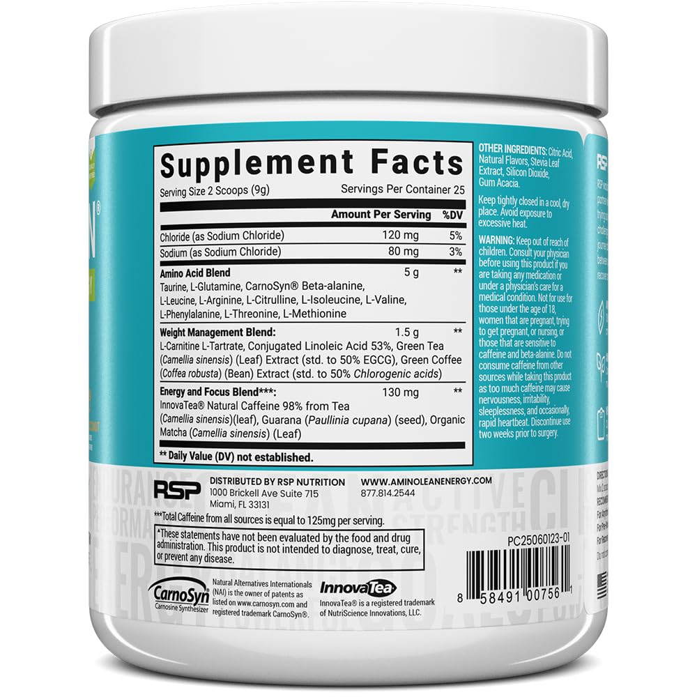 RSP NUTRITION AminoLean – étiquette sans sucre, option vegan.