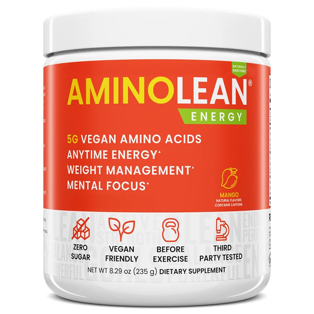 AminoLean de RSP Nutrition dans un flacon-doseur, énergie naturelle et concentration.