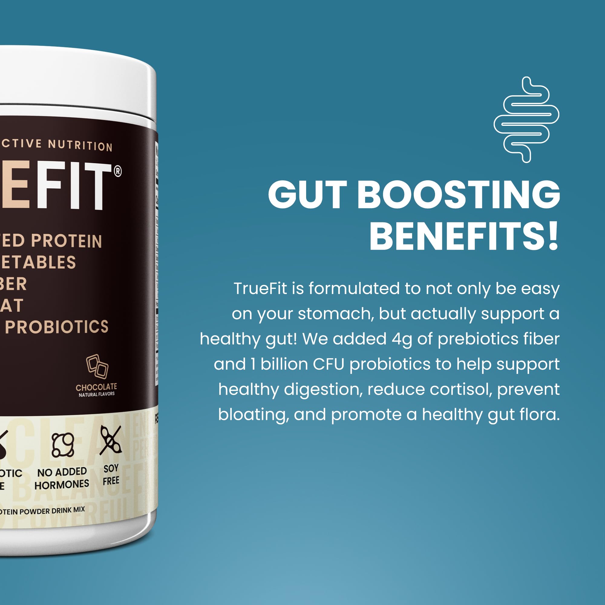 TrueFit: prébiotiques et probiotiques pour digestion et flore intestinale potentielle.