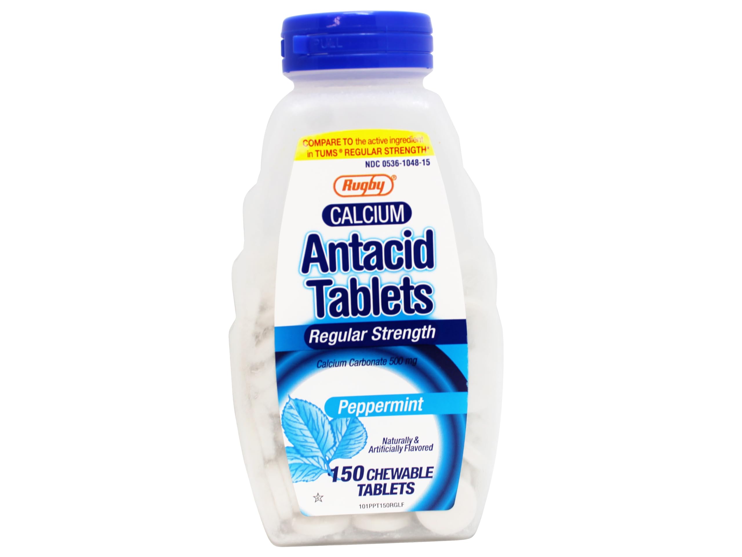 RUGBY Calcium Carbonate Menthe – gros plan sur les comprimés et leur action rapide.