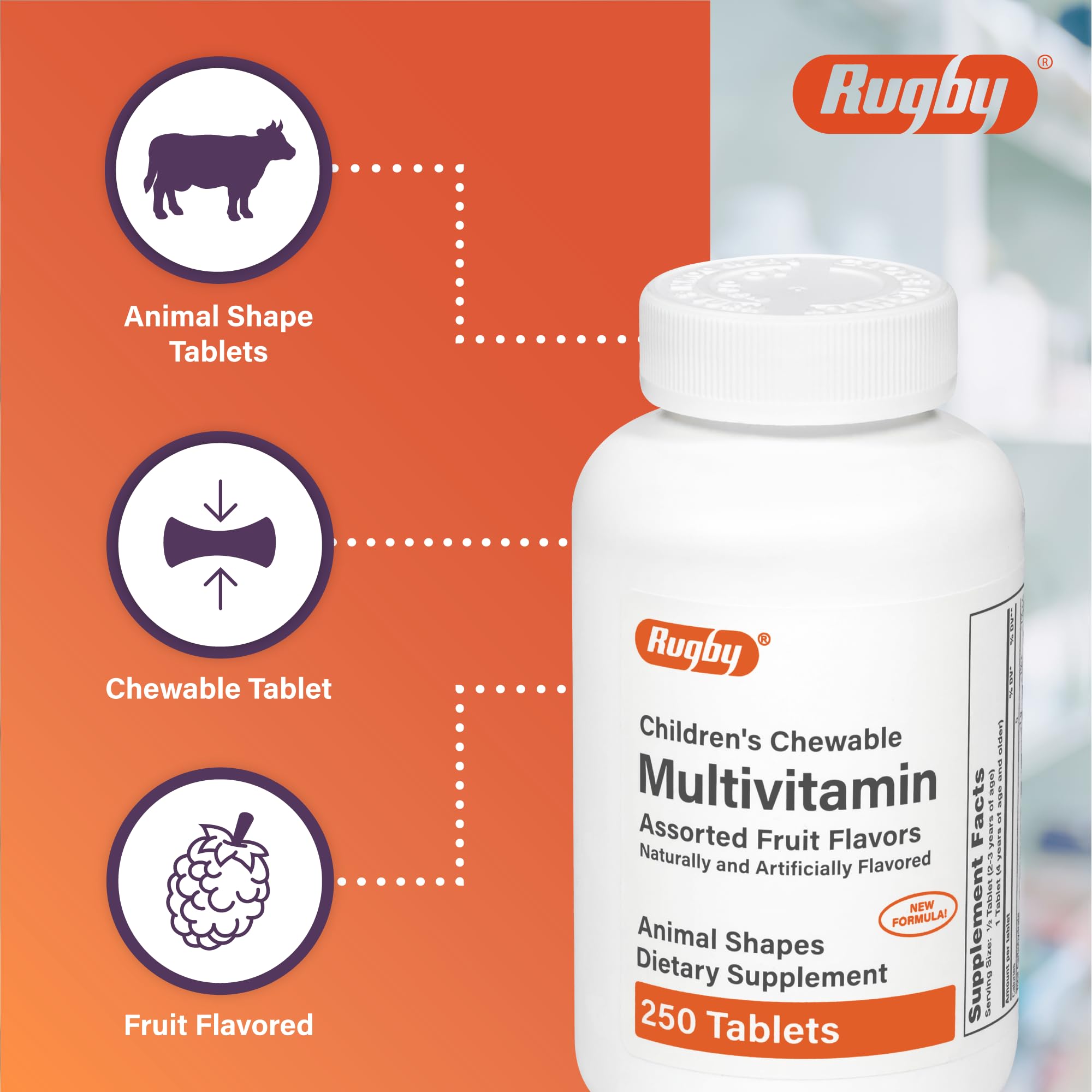 Rugby Laboratories – bouteille multivitamines enfants, format pratique pour la routine.