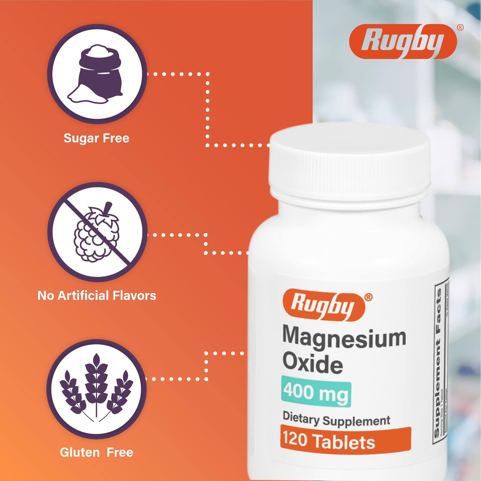 Bouteille Rugby Laboratories oxyde de magnésium 400 mg – comprimés faciles à prendre.