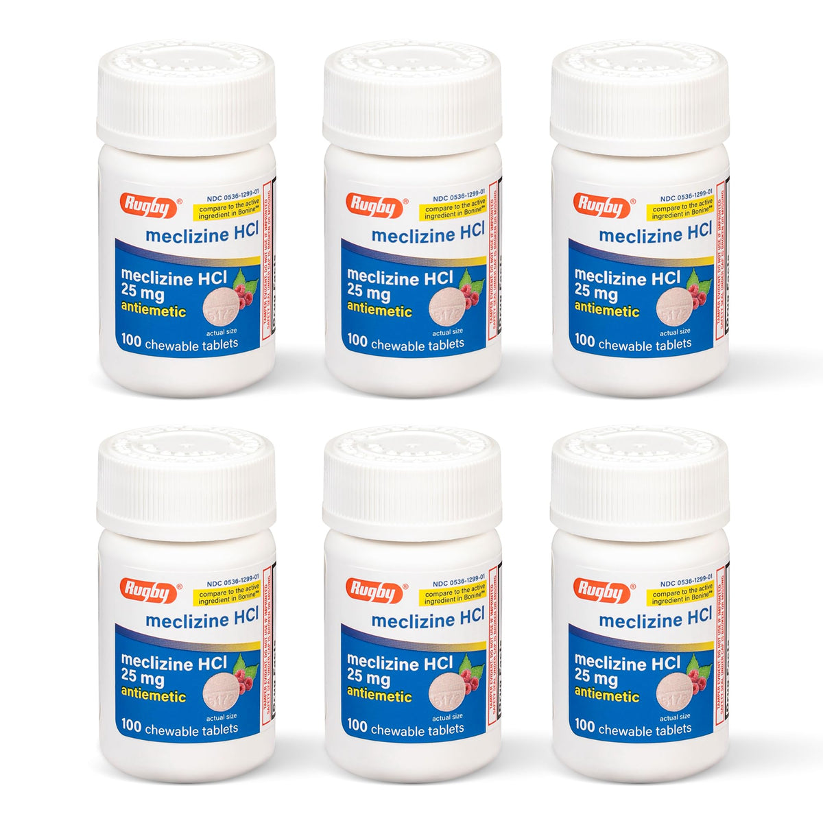 Bouteille Rugby Laboratories avec comprimés masticables Meclizine pour nausées de voyage