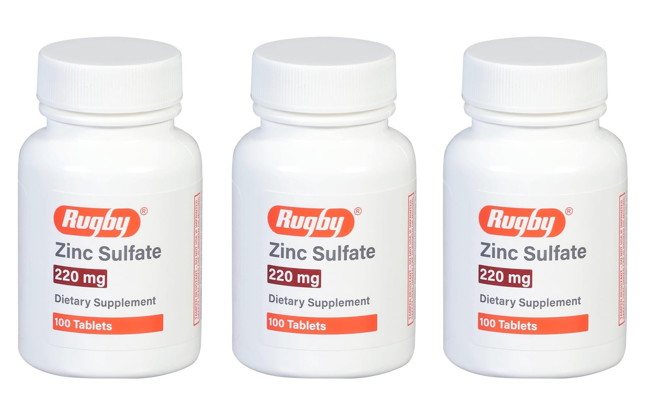 Rugby Laboratories comprimés zinc sulfate 220 mg en boîte pour un apport quotidien pratique.