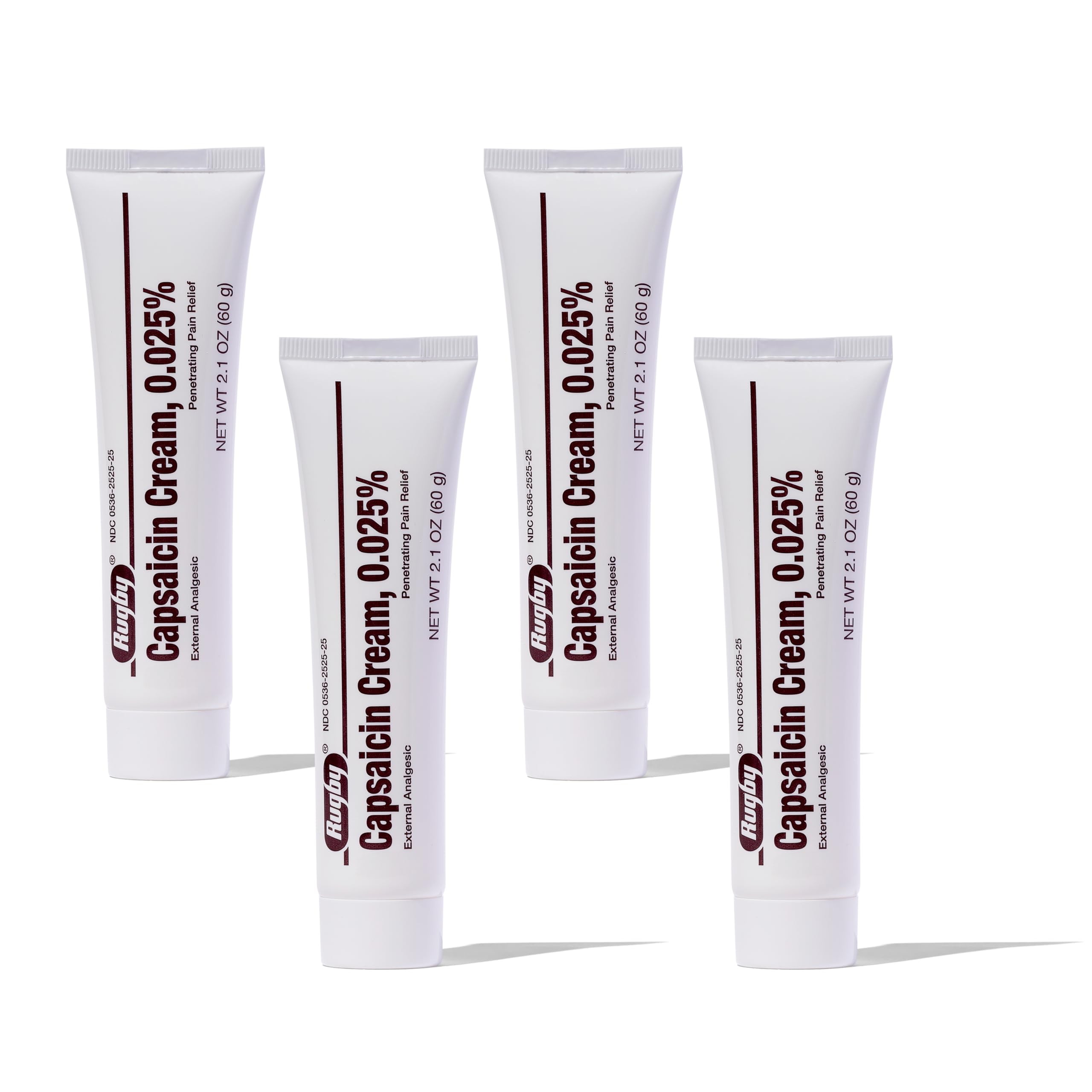 Crème capsaicine 0,025% de Rugby Laboratories, tube prêt pour une application ciblée sur la douleur.