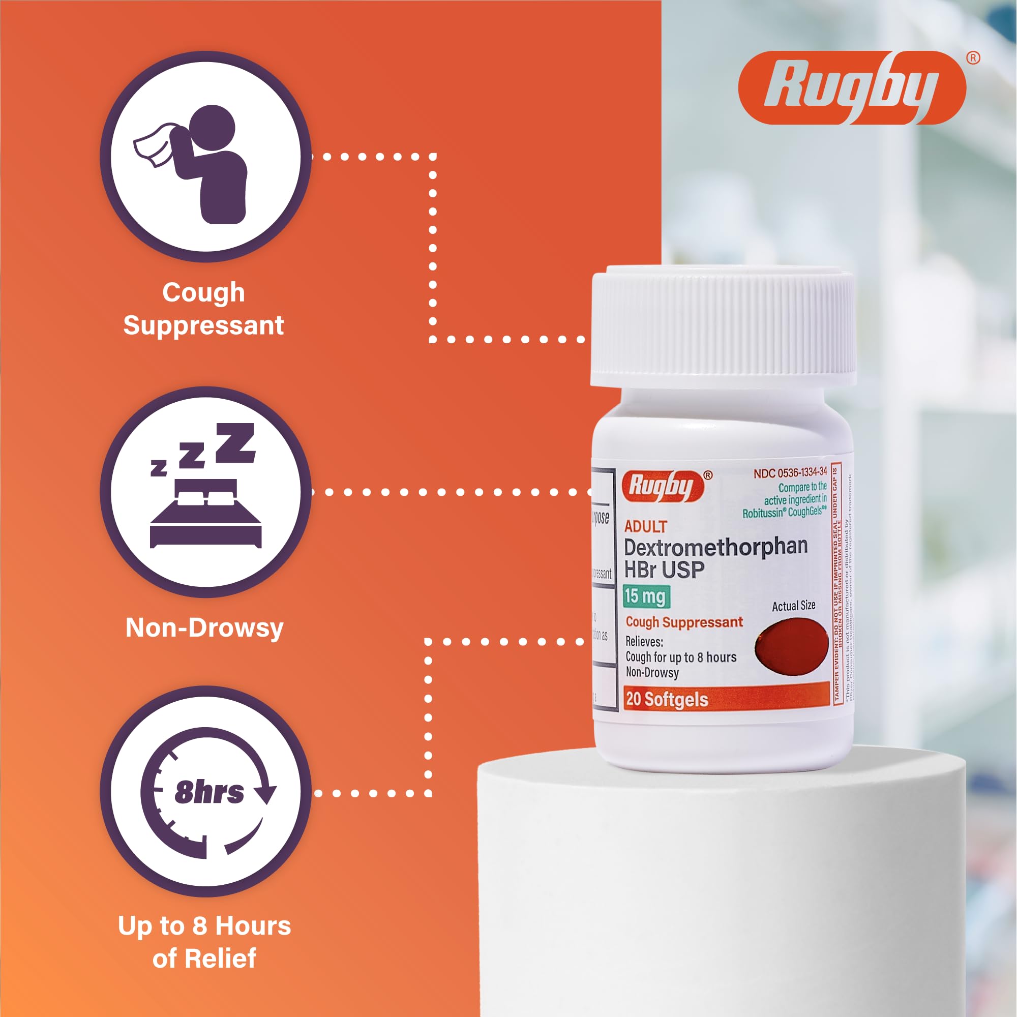 Rugby Laboratories, etiquette-toux adulte montrant l’utilisation possible du produit.
