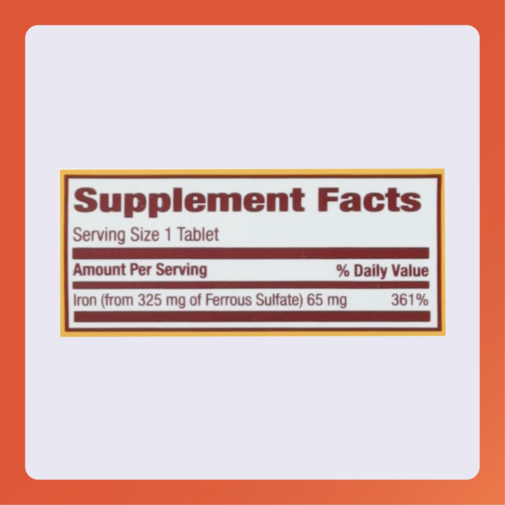 RUGBY LABORATORIES Ferrous Sulfate 325 mg – étiquette lisible et informations claires