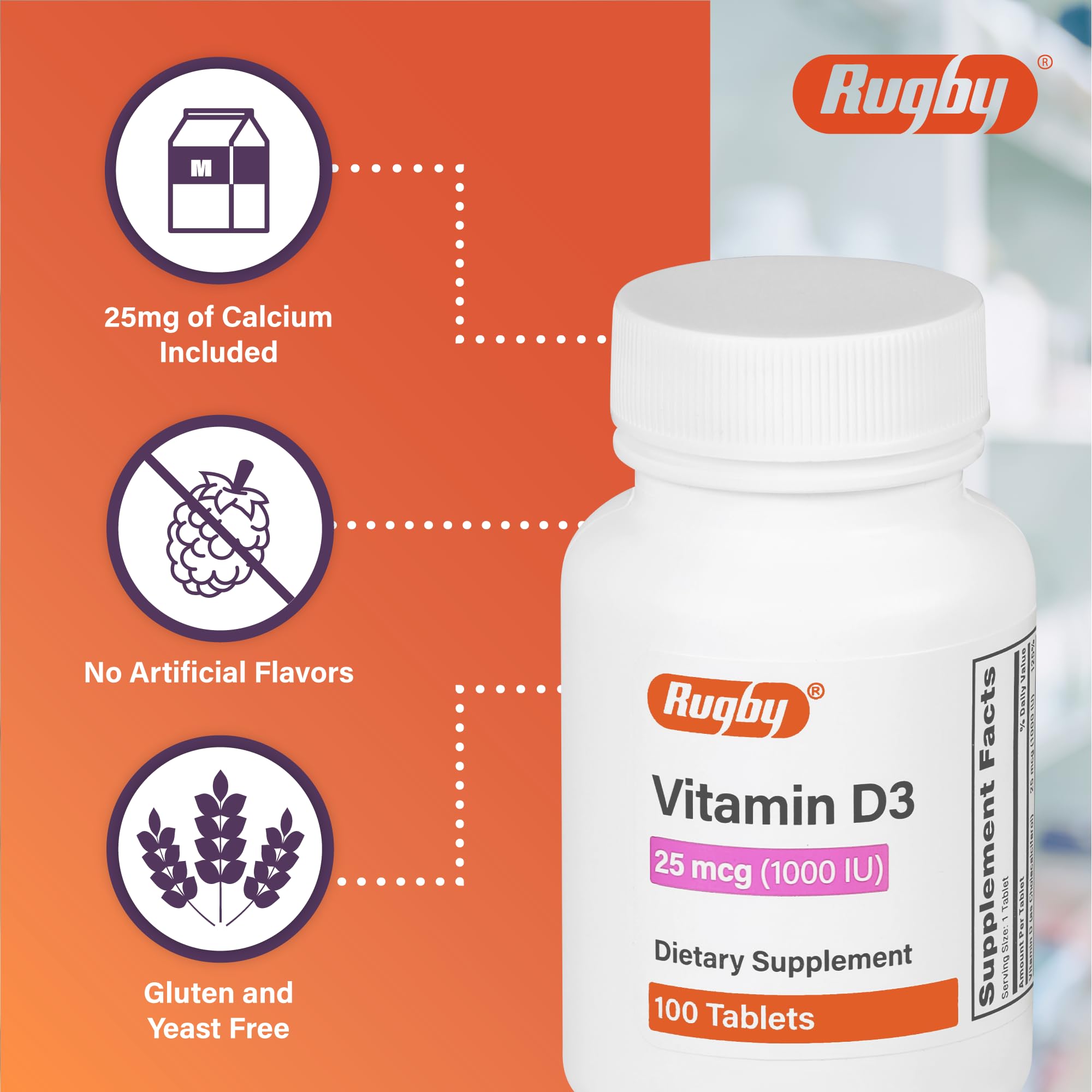 Comprimés Vitamine D3 Rugby avec apport calcium pratique.