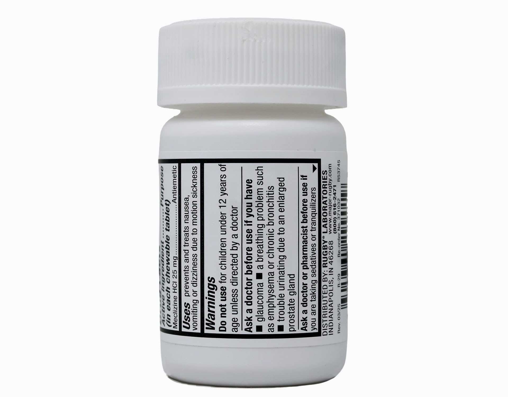 Ensemble de trois bouteilles Méclizine 25 mg pour les déplacements.