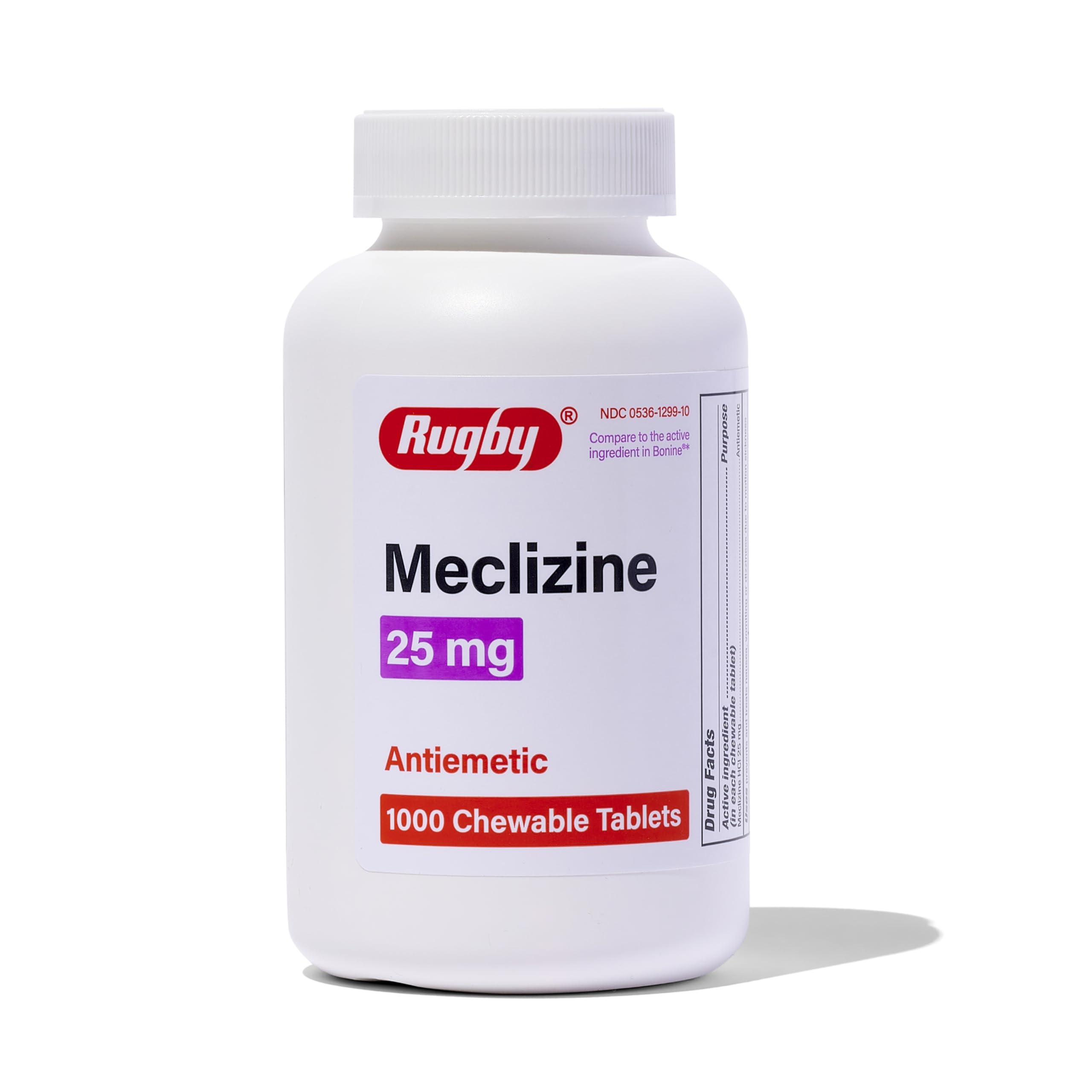 Rugby Laboratories Meclizine – bouteille de 1000 comprimés, soulagement possible du mal des transports.