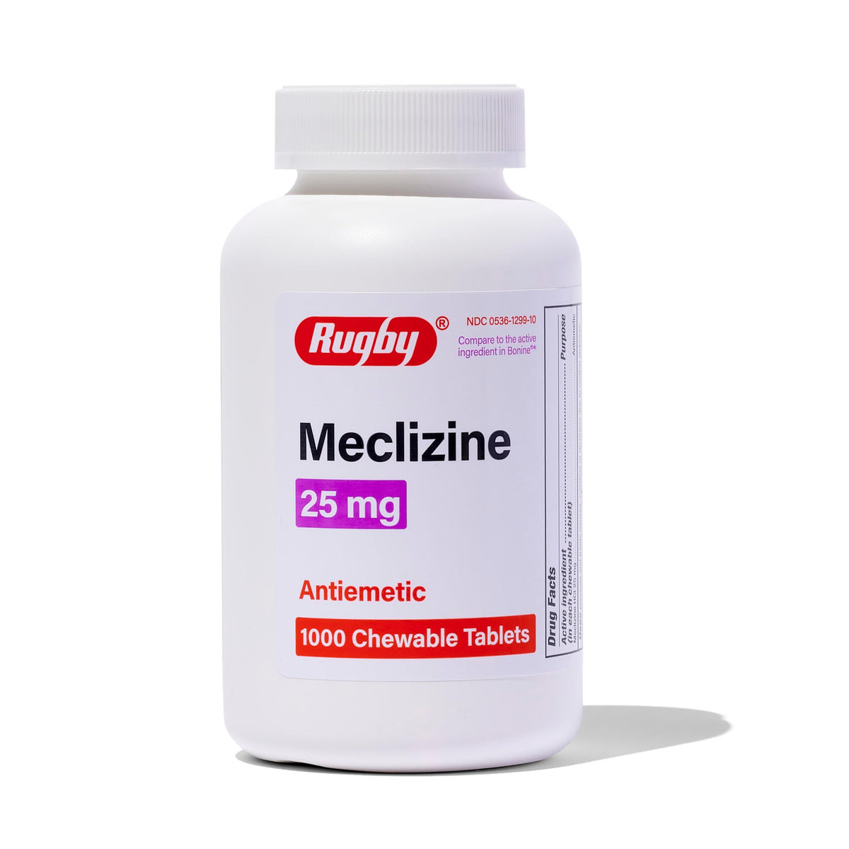Rugby Laboratories Meclizine – bouteille de 1000 comprimés, soulagement possible du mal des transports.